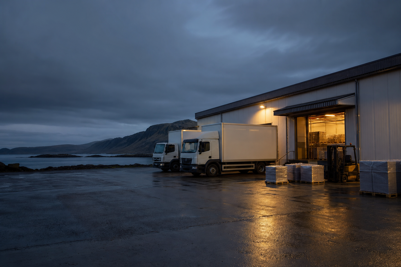 Freight depot yard in Iceland at dusk with box trucks and pallets at the loading dock