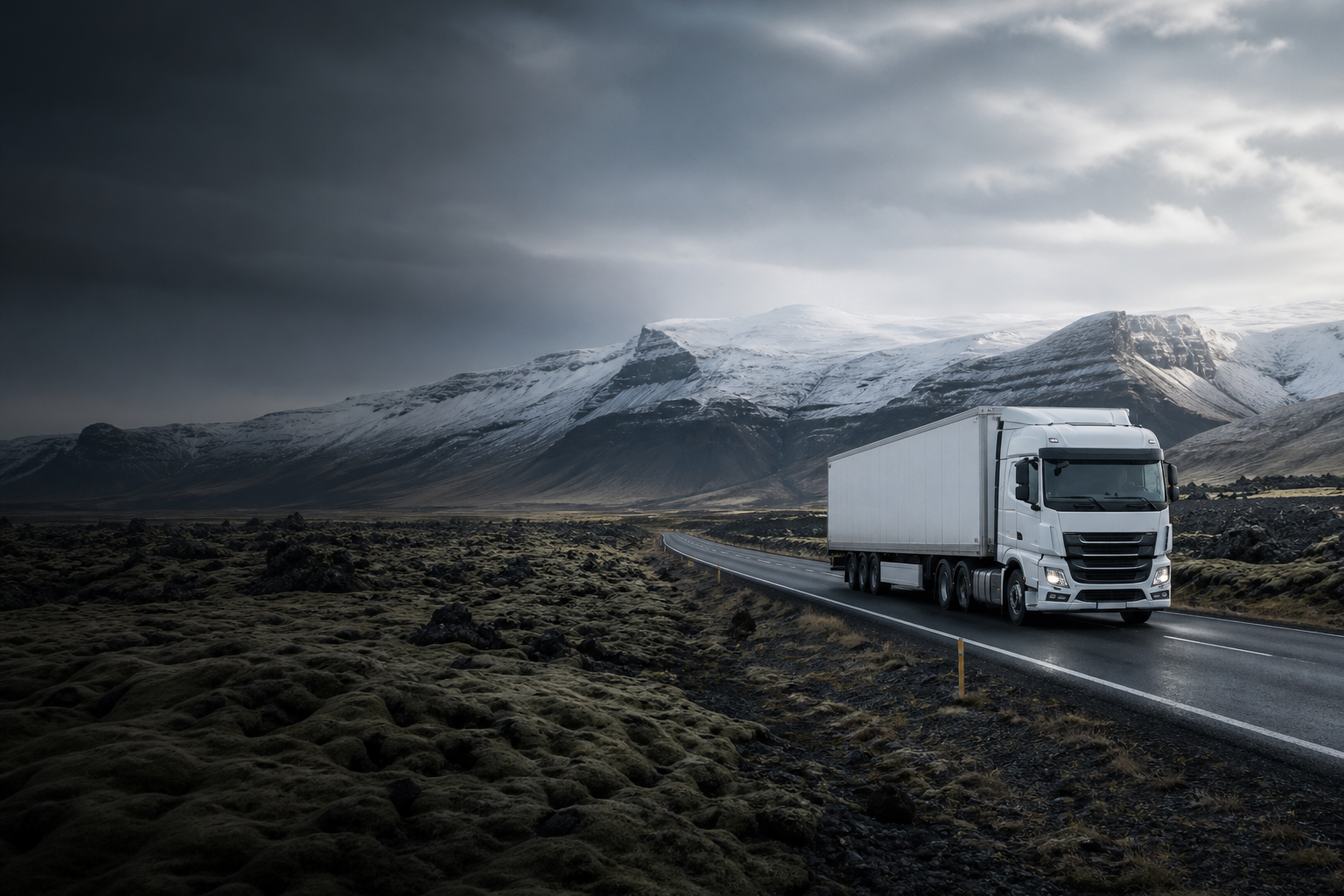 Freight truck on an Icelandic road between lava fields and snow-capped mountains