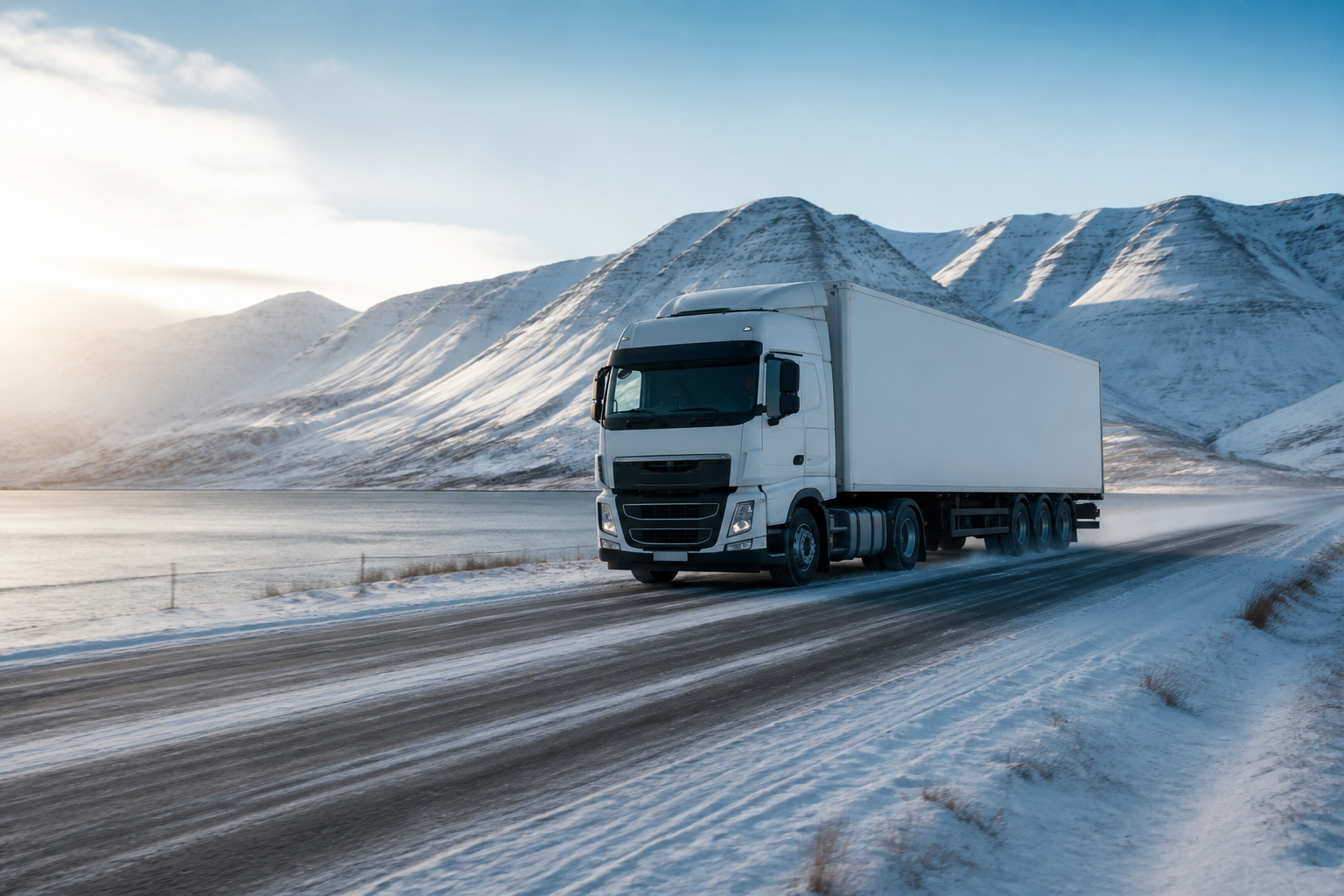 Freight truck on a snowy road in northern Iceland